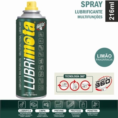 Lata de spray Lubrimota lubrificante multifunções verde escuro com tampa amarela 216 ml, aroma limão, tecnologia 360°