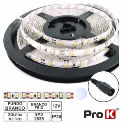 Rolo de fita LED branco frio da Pro K com conector e suporte preto