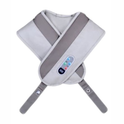 Massageador elétrico cinza e bege com controle remoto e tiras ajustáveis