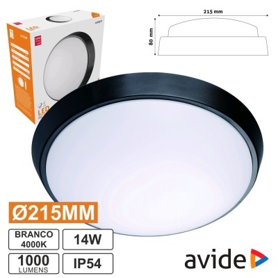 Luminária de teto circular preta e branca com caixa e especificações técnicas.