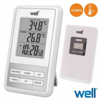 Termómetro digital branco com monitor principal e sensor remoto, ambos com visor LCD de temperaturas e hora.