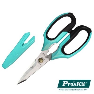 Tesoura multifuncional Pro'sKit com capa protetora azul e punhos preto e azul em fundo branco