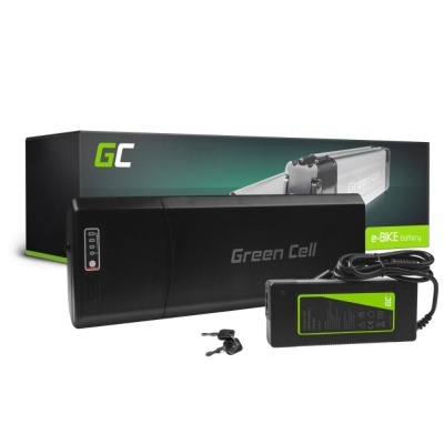Bateria para bicicleta elétrica Green Cell com carregador e chaves em frente à embalagem