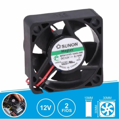 Ventoinha eletrónica SUNON preta de 30x30x10 mm, 12V, 2 fios