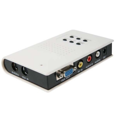 Conversor de vídeo branco com várias portas de entrada e saída, incluindo VGA, AV e áudio.