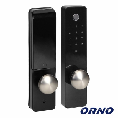 Fechadura eletrónica preta com botão redondo metálico e teclado numérico