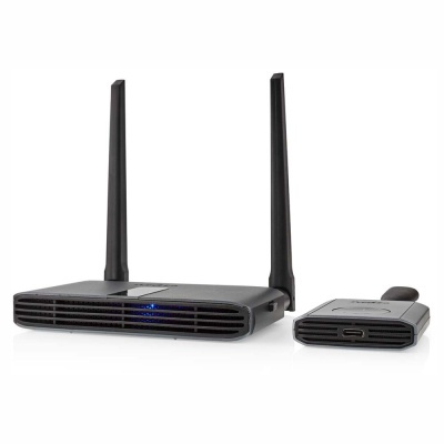 Dispositivo de rede sem fios preto com duas antenas e unidade menor