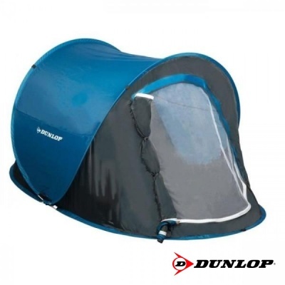 Tenda portátil azul e preta com janela transparente e logotipo DUNLOP