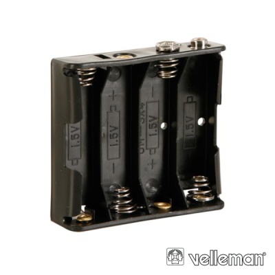 Suporte para 4 pilhas AA preto com molas e texto sobre voltagem, com marca Velleman