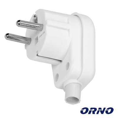 Ficha elétrica branca de dupla entrada com duas fichas metálicas e marca ORNO