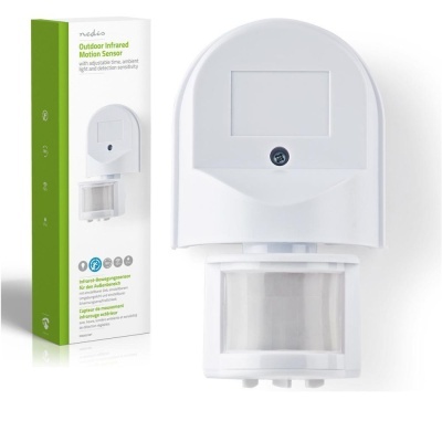 Sensor de movimento infravermelho exterior branco com lente e embalagem com texto