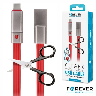Cabo USB tipo C vermelho com tesoura a cortar e embalagem FOREVER MOBILE