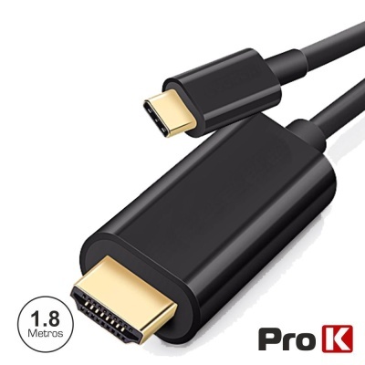 Cabo preto USB-C para HDMI com marca Pro K e indicação comprimento 1.8 Metros