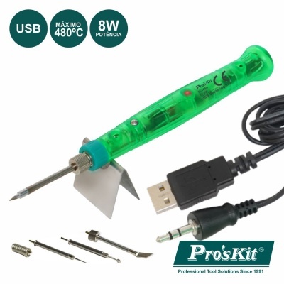 Ferro de soldar USB verde com cabo, suporte e múltiplas pontas intercambiáveis Pro'sKit