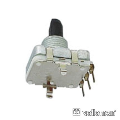 Potenciômetro rotativo metálico com eixo preto e terminais