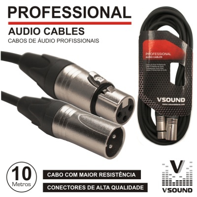 Cabo de áudio profissional preto com conectores XLR metálicos e embalagem VSOUND.