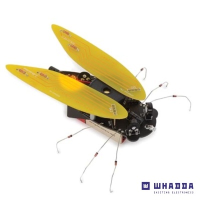 Robô inseto preto com asas amarelas e pernas metálicas finas.