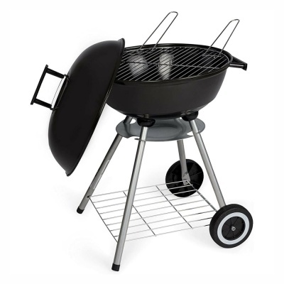 Grelhador de carvão redondo preto com tampa destacada, grelha e rodas