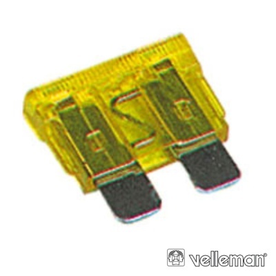 Fusível automóvel amarelo com terminais metálicos e logótipo velleman
