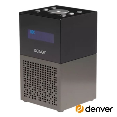 Rádio ou coluna portátil quadrada preta e cinzenta Denver com ecrã digital azul e botões no topo