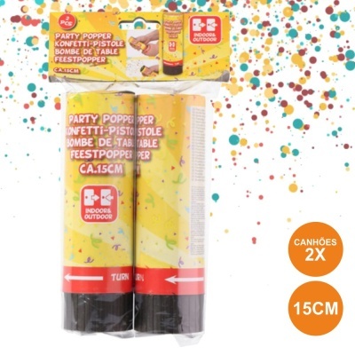 Dois canhões de festa amarelos com confetis coloridos