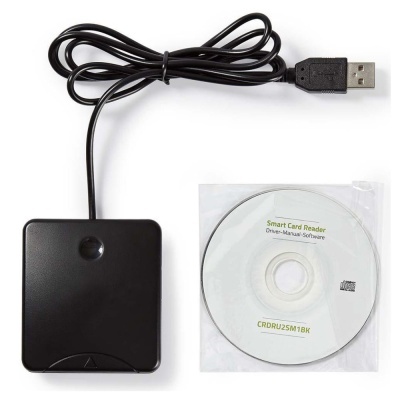 Leitor de cartões inteligente preto com cabo USB e CD branco de software