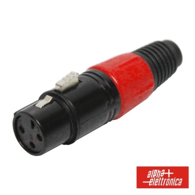Conector XLR feminino preto com detalhe vermelho