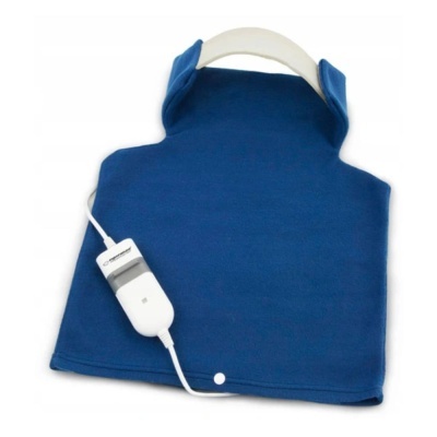 Bolsa de água quente elétrica azul com alça branca e controlador branco em fundo branco