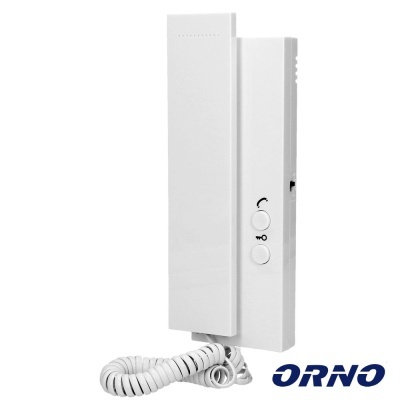 Intercomunicador branco de parede com botões e cabo espiralado