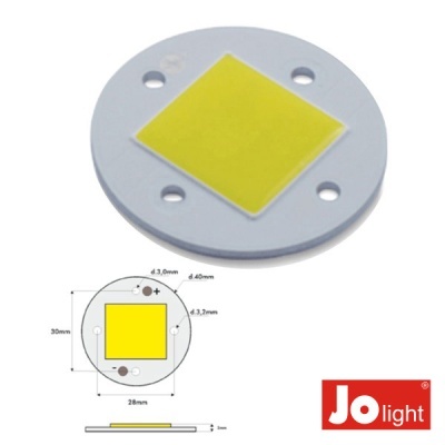 Chip LED amarelo em placa branca circular com logo Jo light