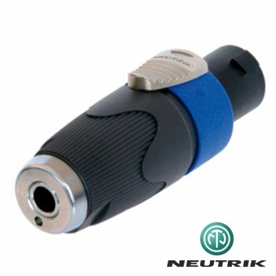 Conector áudio XLR preto com anel azul e presilha metálica NEUTRIK