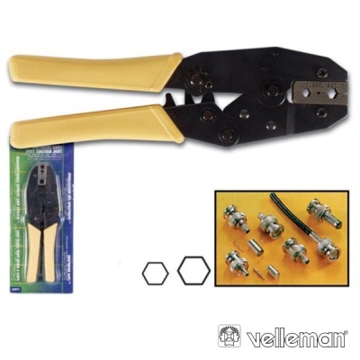 Alicate de crimpar com punhos amarelos e acessórios metálicos