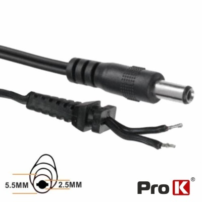 Cabo preto com conector DC 5.5x2.5mm e fios desencapados ProK