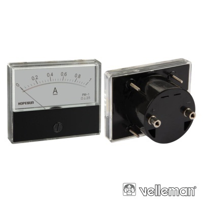 Amperímetro analógico preto quadrado com visor transparente e escala 0-1 A