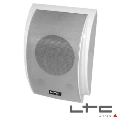 Coluna de som LTC Audio branca com grelha cinzenta e logótipo LTC