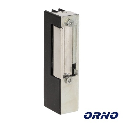 Electroímã metálico retangular preto com acabamento prateado para fechadura, logótipo ORNO