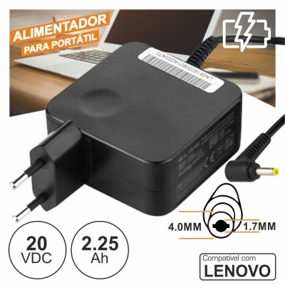 Alimentador portátil preto compatível Lenovo com ficha de dois pinos e cabo preto