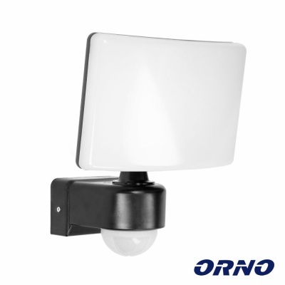 Luz de parede preta com difusor branco e sensor esférico, logótipo ORNO