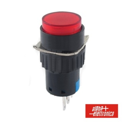 Botão de pressão vermelho com corpo preto e terminais metálicos