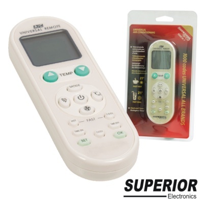 Comando remoto universal branco para ar condicionado com vários botões e ecrã digital.