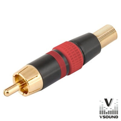 Conector RCA dourado com corpo preto e vermelho e textura na área vermelha