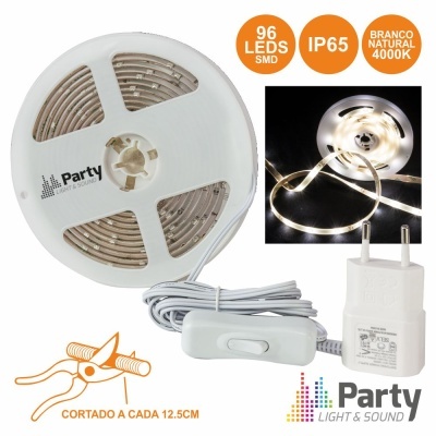 Tira de luz LED branca natural enrolada com interruptor e fonte, informações sobre LEDs, IP65 e temperatura de cor