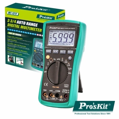 Multímetro digital Pro'sKit verde e preto com visor 59.99 e embalagem ao fundo