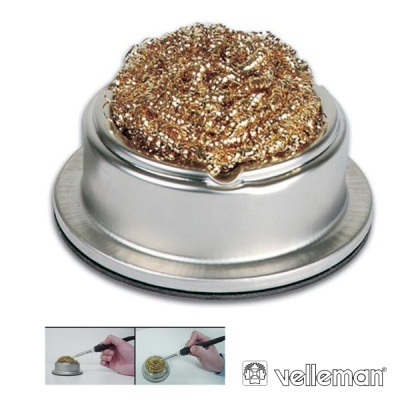 Esfregão de metal dourado com suporte prateado e imagens de uso com logótipo Velleman