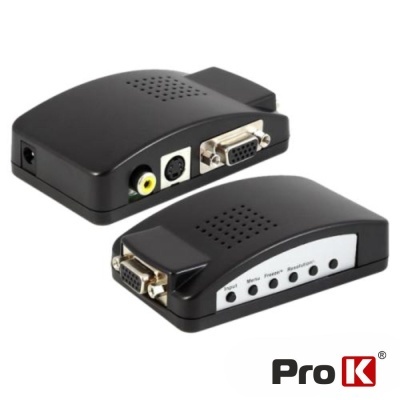 Dois adaptadores de vídeo pretos com entradas VGA, RCA e S-Video, marca Pro K