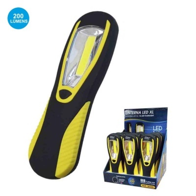 Lanterna LED preta e amarela com luz LED e embalagem com três unidades