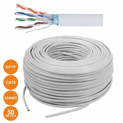 Cabo de rede CAT6 branco enrolado com fios coloridos visíveis e etiquetas laranja