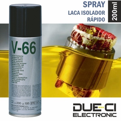 Spray V-66 laca isolador rápido 200ml DUE.CI ELECTRONIC com embalagem metálica prateada e tampa preta.