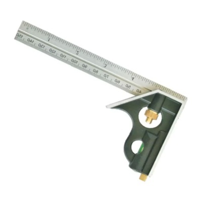 Esquadro de carpinteiro metálico com base preta e detalhes amarelos