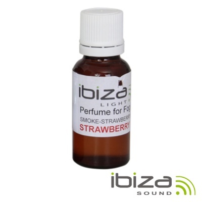 Frasco pequeno de vidro castanho com etiqueta branca e texto 'ibiza LIGHT Perfume for Fog SMOKE-STRAWBERRY STRAWBERRY'.